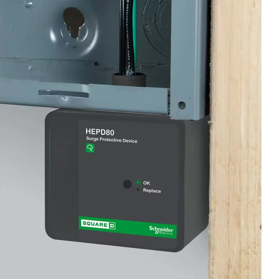 A whole-house surge protector installed in an electrical panel. (Credit: Square D)